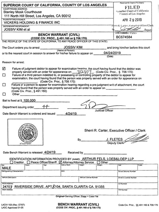 Jossiv Kim Civil Bench Warrant of the Court of California, country of Los Angeles